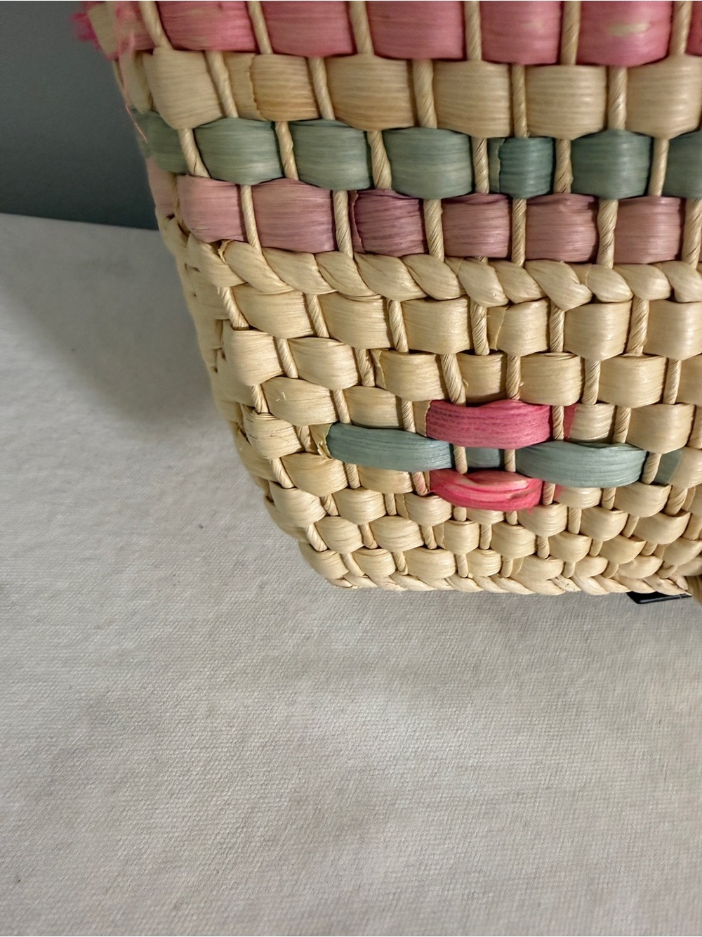 Vintage Straw Tote Market Bag Woven Pastel Pink Blue Purple Diamond Pattern - Picture 10 of 16